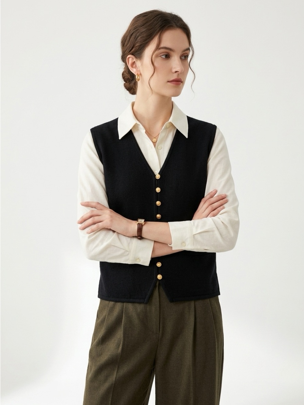 Vintage Rosanna Black Knit Sweater Vest Wool Small Gold Buttons Quiet Luxury